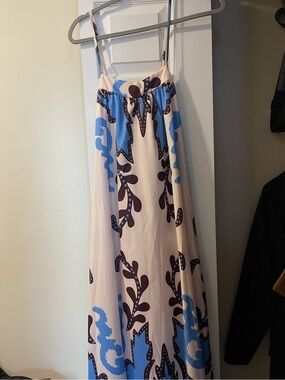 Spaghetti Strap Maxi Dress in Cream, Blue & Brown